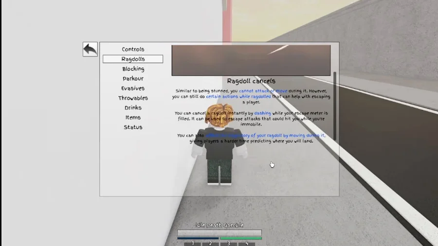 The in-game info menu explaining how ragdoll cancels work and how to use dashing to escape attacks.