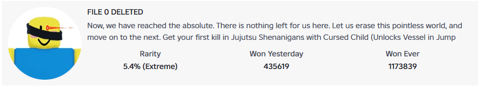 Roblox badge page for 'FILE 0 DELETED' with description about unlocking Vessel.