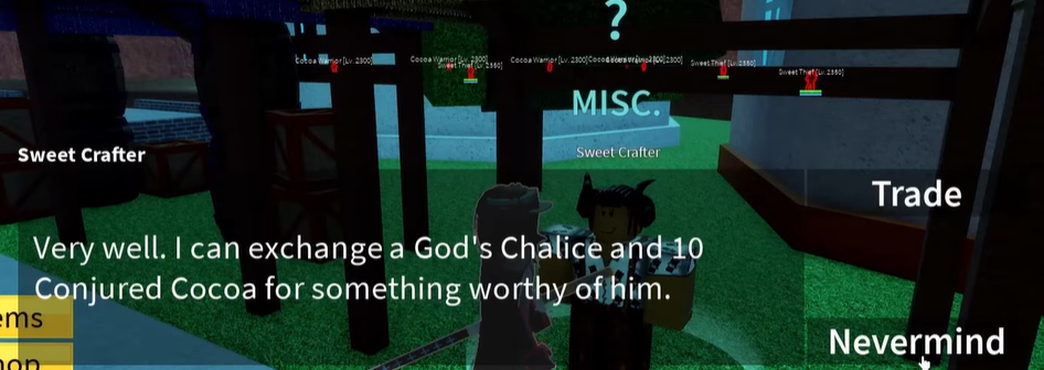 Sweet Crafter NPC dialog showing God's Chalice and Conjured Cocoa requirements