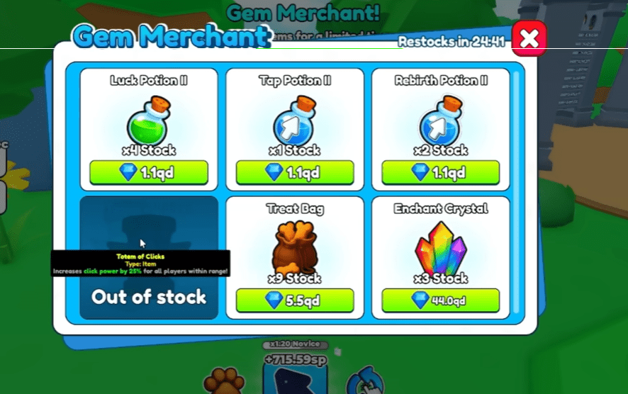 The Gem Merchant UI showing the stock of Potions and the Totem of Clicks