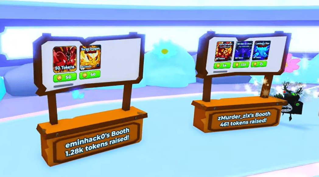 A bustling Trading Plaza showing a live Auction Board with pets listed for Tokens