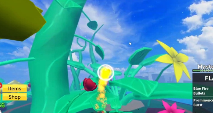 A player character flying around the large petals in the Green Zone.