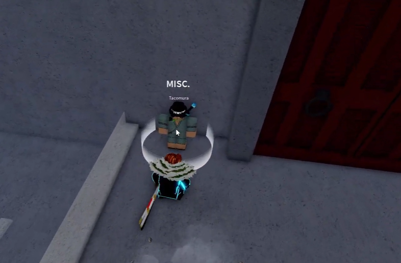 Player character standing next to the Tacomura NPC on a castle staircase