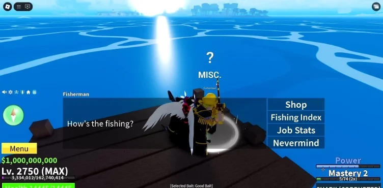 Fisherman NPC interaction menu in Blox Fruits
