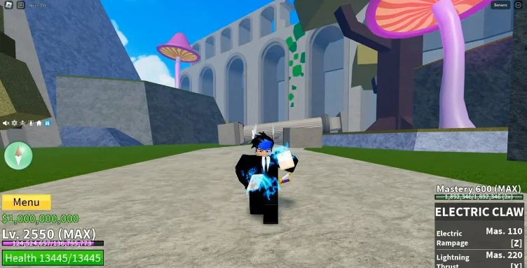 Roblox player character standing in a game environment in the Third Sea with Electric Claw equipped