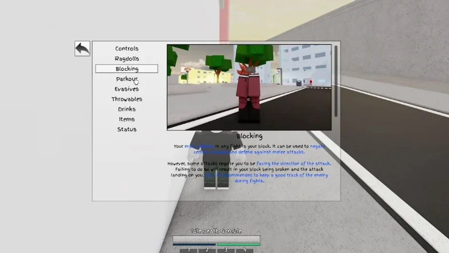 The Jujutsu Shenanigans parkour info screen describing vaulting, sliding, and climbing mechanics.