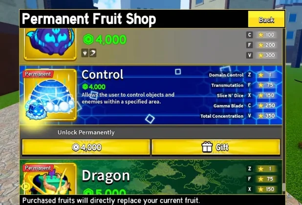 Permanent Fruit Shop menu showcasing the Control fruit for 4,000 Robux.