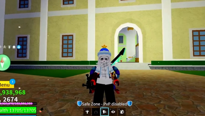 The player avatar stands in front of a building at Tiki Outpost.