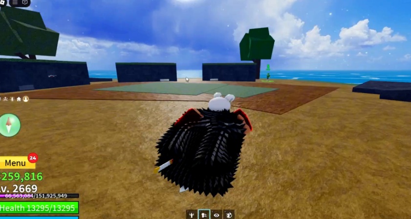 The shore of Remote Island featuring three houses where the Legendary Swords Dealer can spawn.