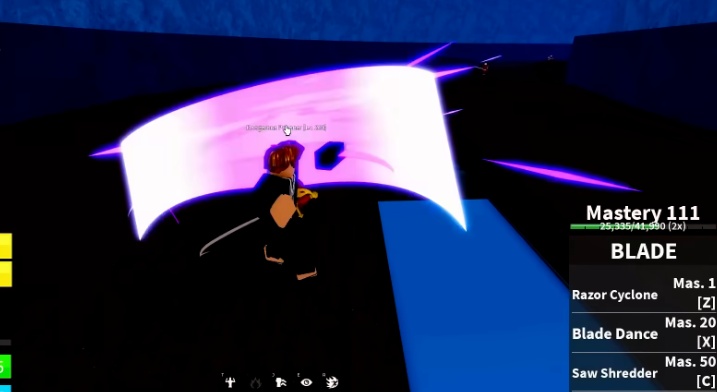 The player using the Blade fruit to attack an enemy.