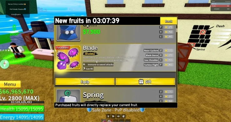 In-game menu highlighting the Blade fruit for 30,000 Beli.