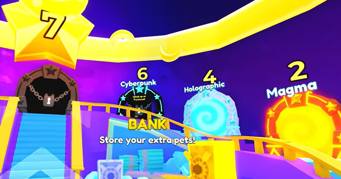 wide shot of the Cyberpunk Island entrance showing the portal and the new neon-themed environment