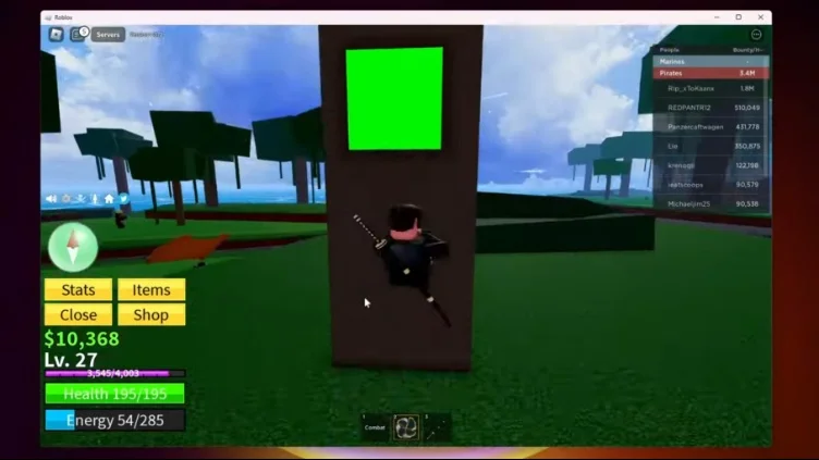 Player stepping on a green button at the base of a wall