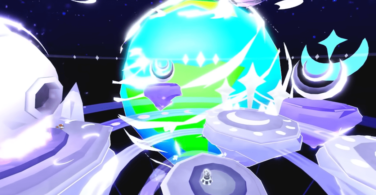 A wide shot of the new purple space-themed Lunar World map with its floating islands