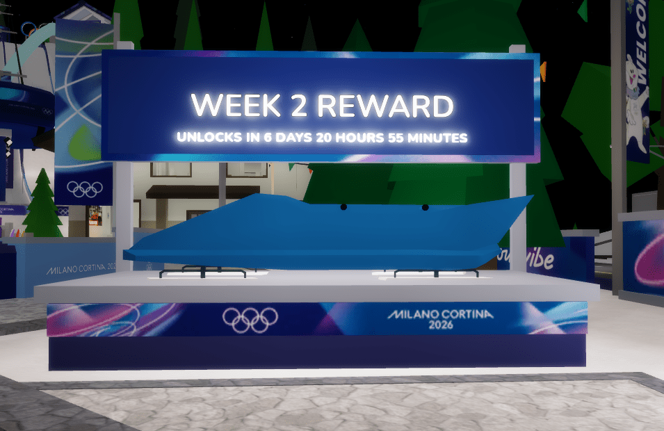 The Week 2 reward banner in Brookhaven showing the bobsled model and the "Unlocks in 6 days" timer