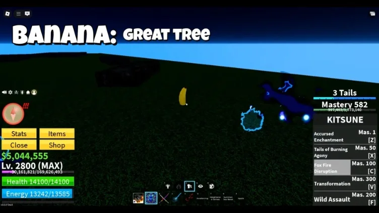 A banana sits on the ground at the base of the Great Tree.