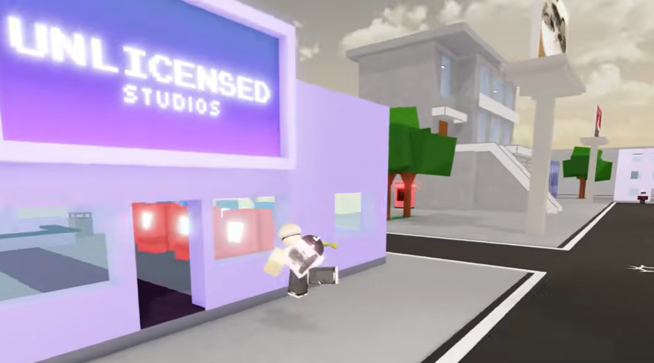 A purple building in Roblox with a neon sign reading 'UNLICENSED STUDIOS'