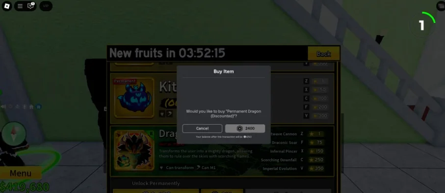 Confirmation window for purchasing the permanent Dragon fruit.