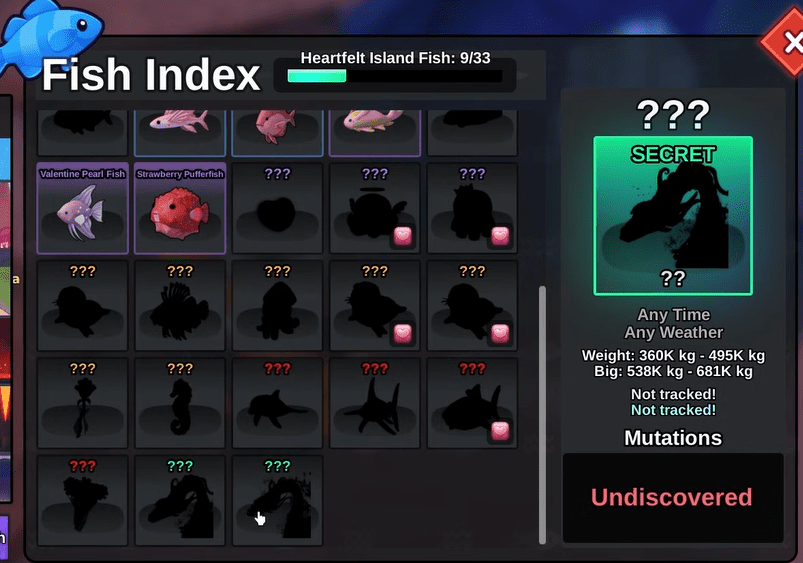 Fish Index showing the silhouette and details of the Heartbreak Nessie secret fish