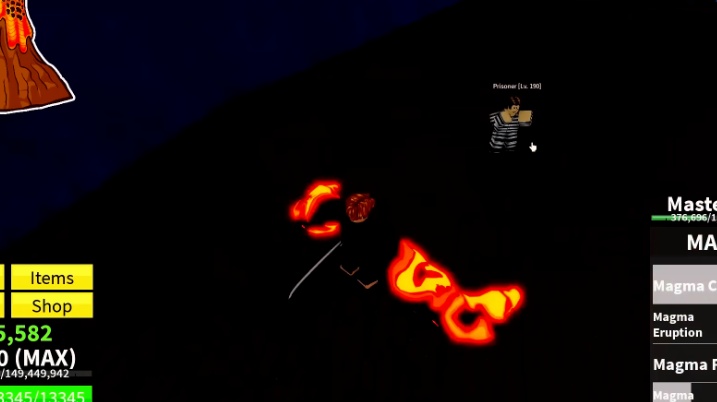 The player using the Magma fruit on NPCs.