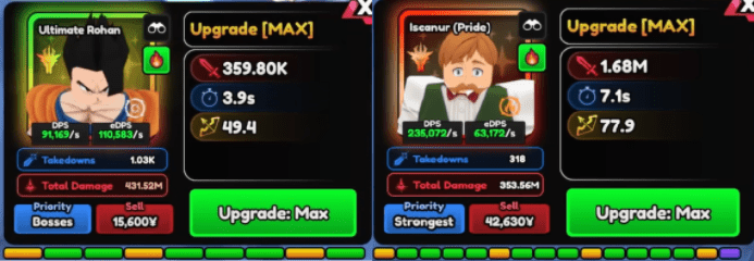 A split screen showing Broly (Brutal Super) and Gogeta (Veguita Super) in the Anime Vanguards