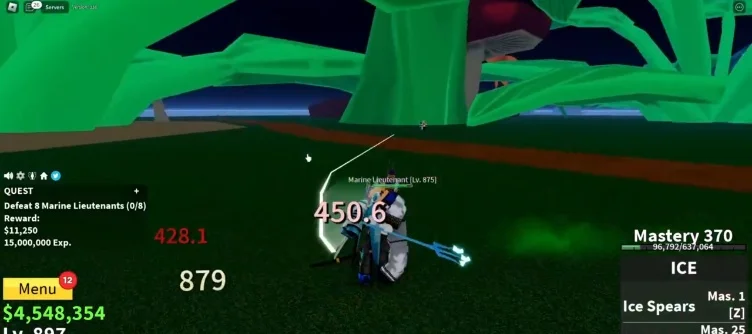 Player character battling a Marine Lieutenant in the Blox Fruits game.