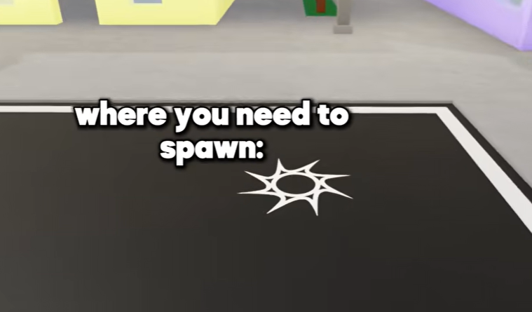A player character standing on a street in Roblox with a white spawn symbol on the asphalt