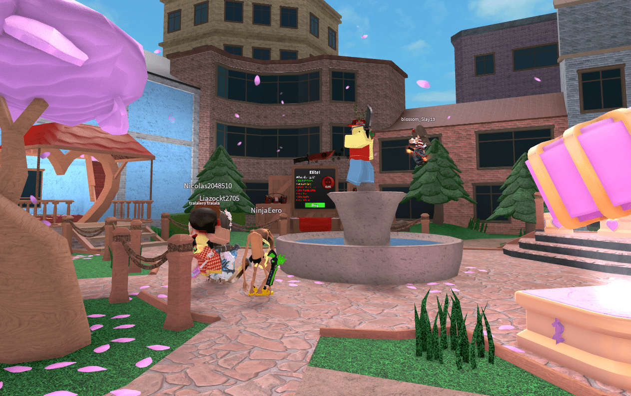 Wide shot of the Valentine's 2026 MM2 lobby showing cherry blossom trees, heart arches, pink petals, and the stone fountain centerpiece