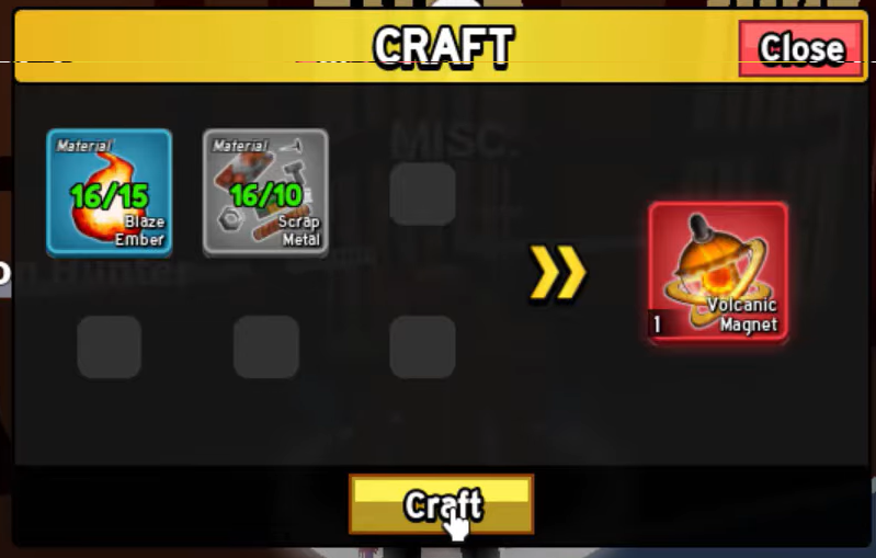 The crafting menu at the Dragon Hunter NPC showing the recipe for the Volcanic Magnet