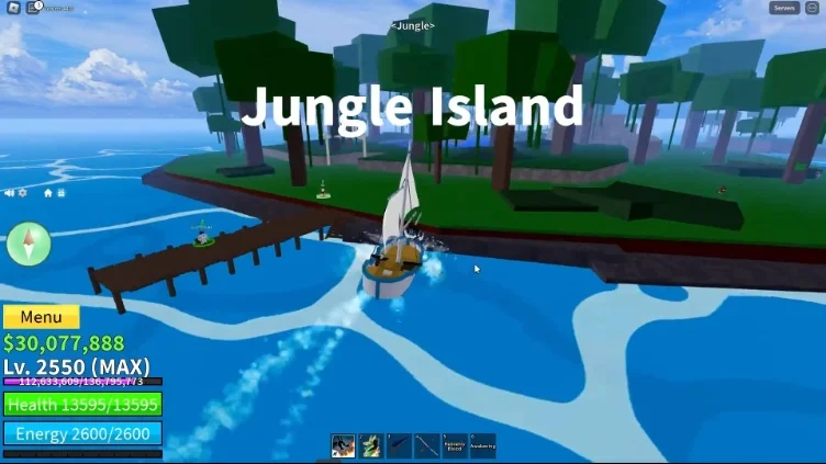The player character arriving at the docks of Jungle Island.