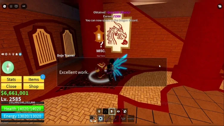 The Dojo Trainer congratulating the player after completing the quest.