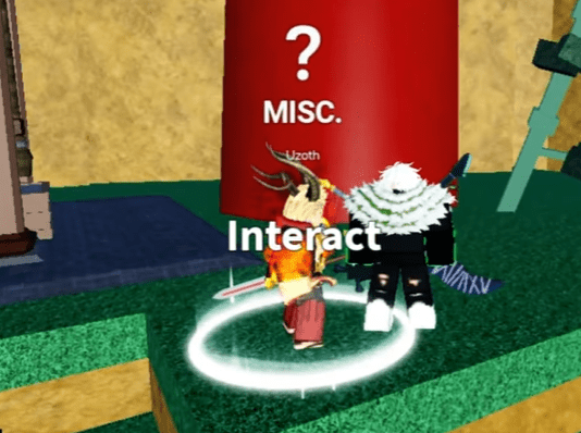 The player interacting with the NPC Uzoth, located inside a large gear mechanism on Hydra Island.