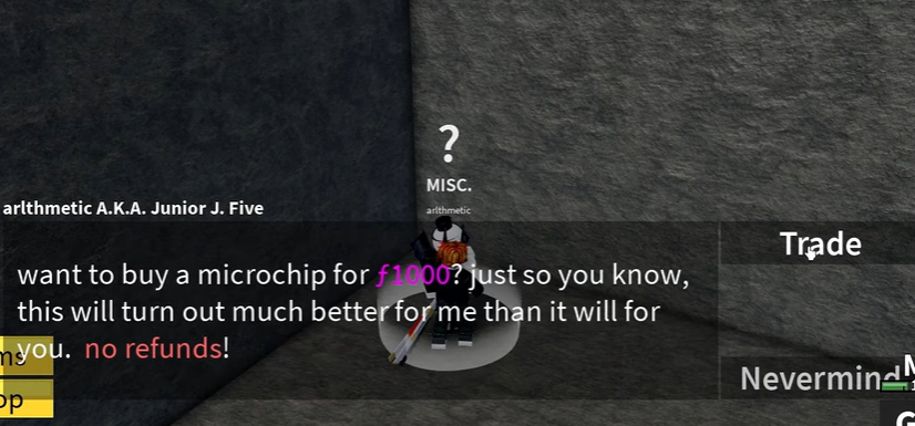 Trading window with Arithmetic NPC to buy a Microchip for 1000 fragments