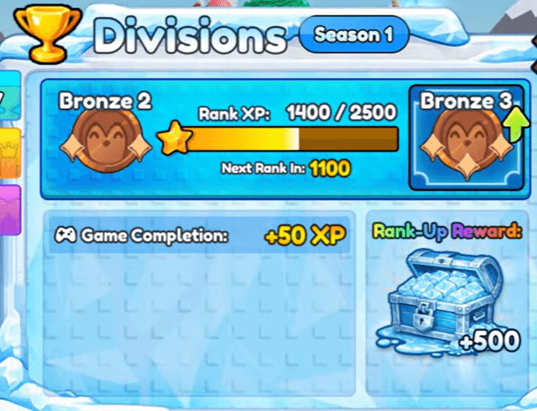 Divisions Season 1 menu showing the Bronze 2 rank and the XP progression bar