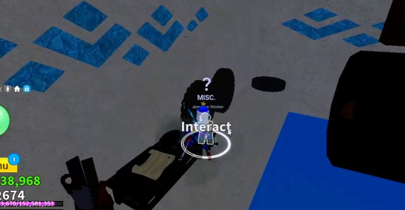 The player interacts with the Submarine Worker NPC, who is positioned on a dock.