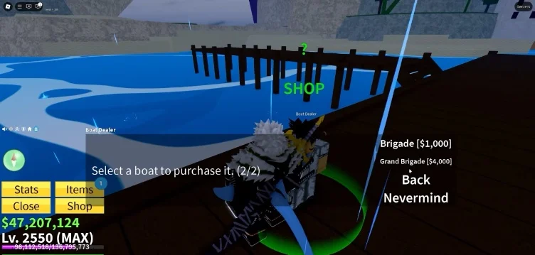 The Boat Dealer menu displaying available boats like the Sloop and Brigade.