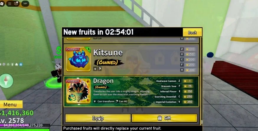 In-game menu displaying owned Dragon and Kitsune Blox Fruits.