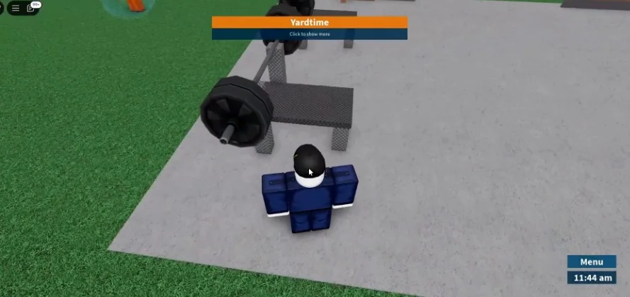 Player performing a glitch near exercise equipment in the yard