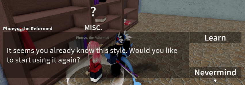 Interaction menu with Phoeyu the Reformed NPC showing the option to learn Death Step