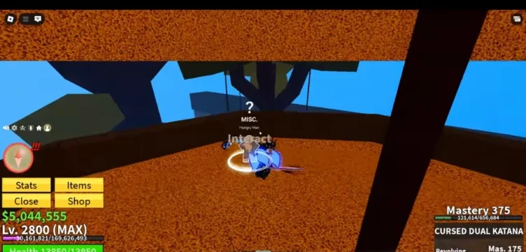 Inside view of a large, hollowed-out pineapple structure with the Hungry Man NPC standing in the middle.