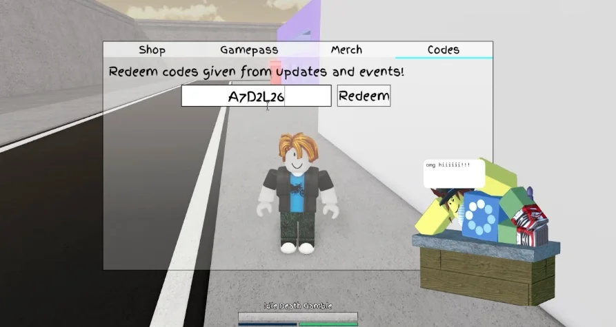 A player entering the code 'A7D2L26RNEPG74A3Q' into the redemption box in the Jujutsu Shenanigans shop menu.