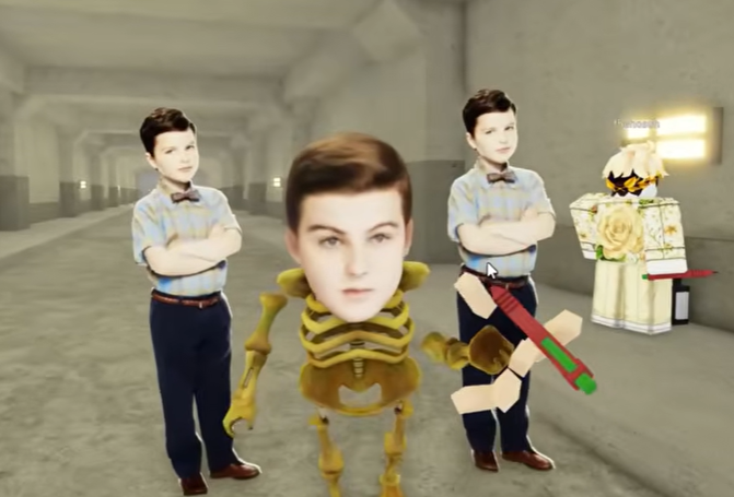 A Roblox character with a realistic human face head holding a red pen.