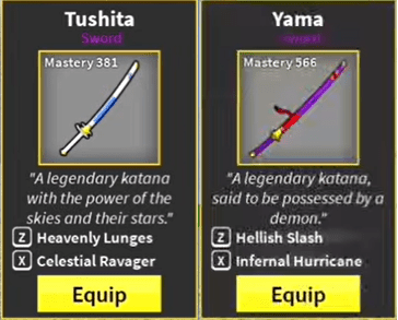 Inventory screen showing both Yama and Tushita with 350+ Mastery