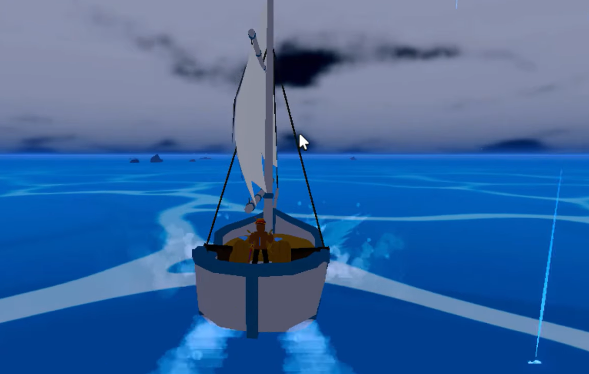 A player sailing a boat into Sea Level 6, indicated by the dark and stormy environment