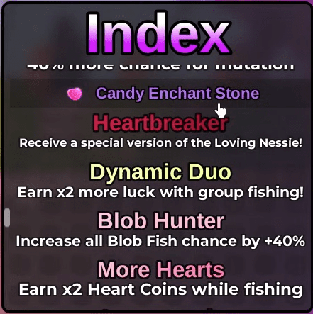 Enchant Store UI showing the Candy Enchant Stone stats and perks