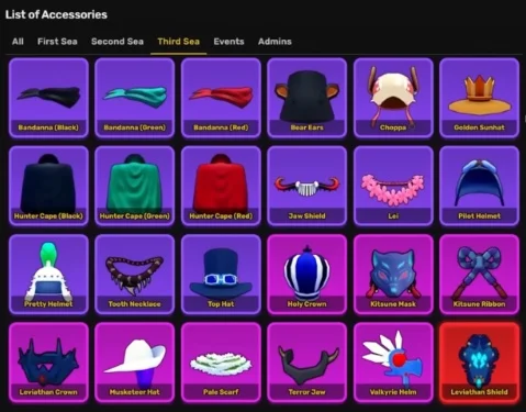 Third Sea accessories menu list.