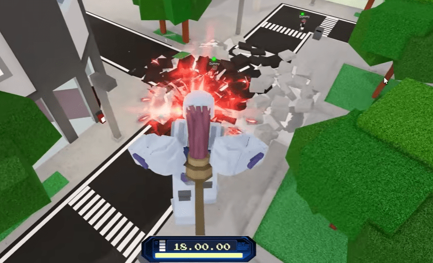 Mahoraga using a red energy blast attack that destroys the ground