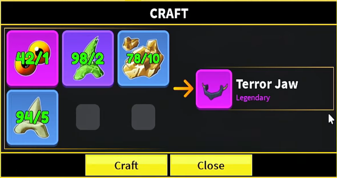 The crafting recipe interface for the Terror Jaw showing required materials