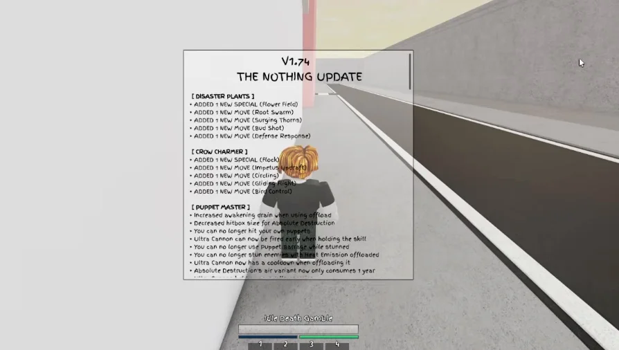 An on-screen graphic showing the version 1.74 'The Nothing Update' log with details for Disaster Plants, Crow Charmer, and Puppet Master.