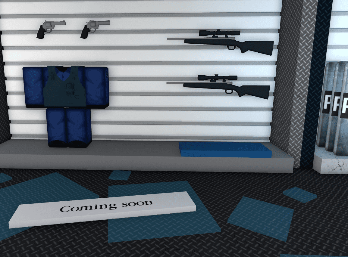 A view of the police armory where the "Coming Soon" glass has finally been shattered, revealing the M700 and Revolver.